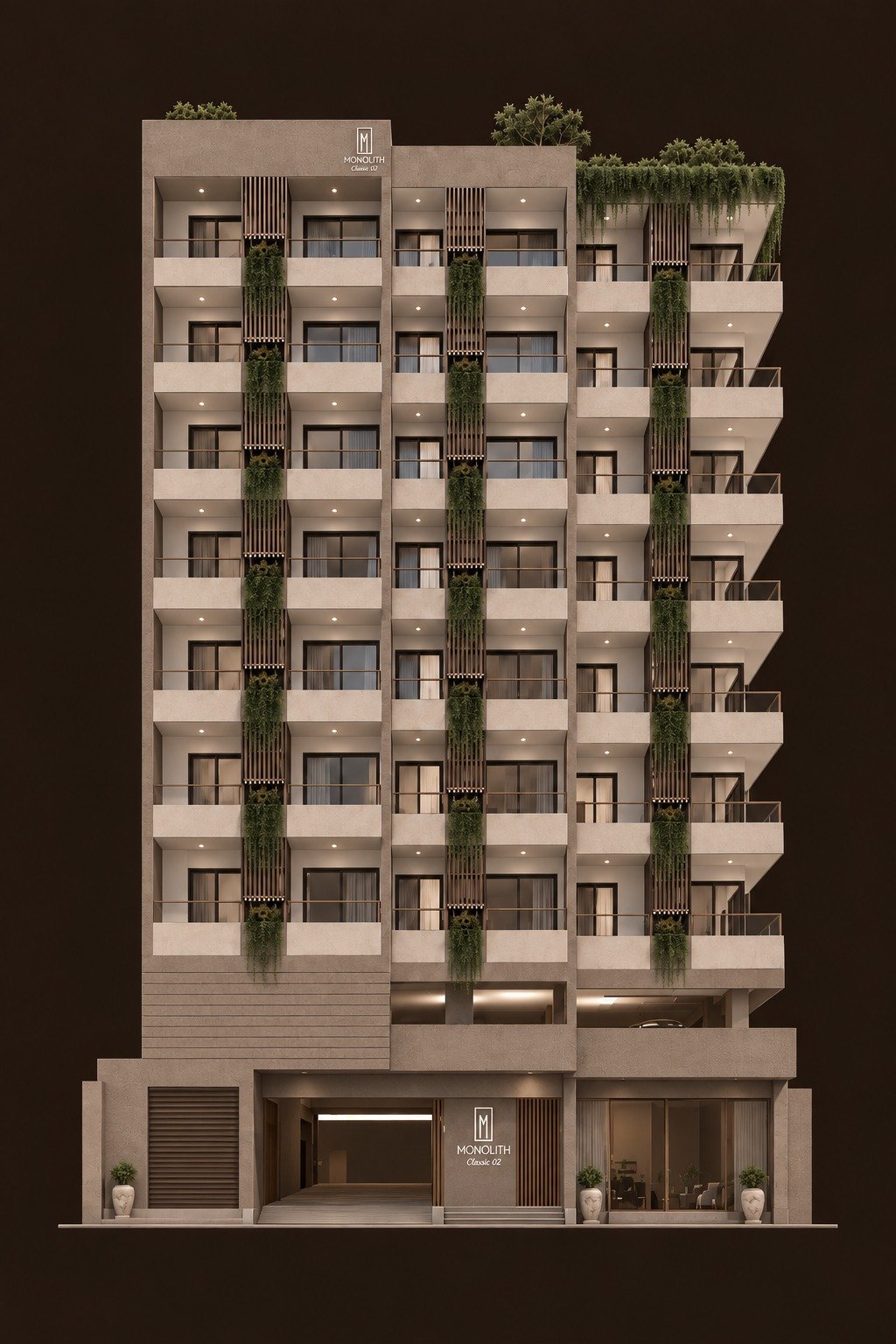 Planted balconies at night